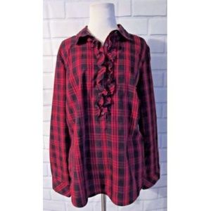 Talbots Red Plaid Ruffle Front Button Up Blouse To